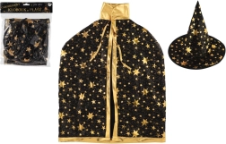 Gyermek boszorkánysapka és palást fekete–arany, 38 cm átmérő