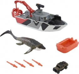 Matchbox Jurassic World mentőcsónak mosasaurusszal és Jeep-pel