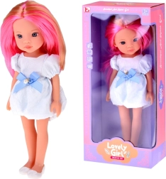 baba hosszú rózsaszőke hajjal, fehér ruhában kék masnival, 33 cm