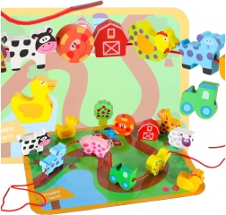 Fából készült fűzős farm – oktató készlet táblával és állatkákkal