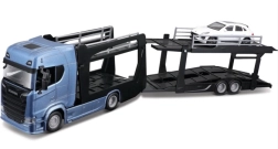 Bburago Street Fire Scania 770S teherautó pótkocsival és Porsche Macan 1:43