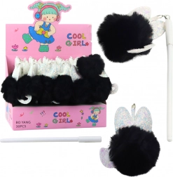 Gél toll fekete pompommal kék tinta 17cm 0,5mm