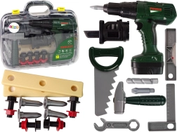 Gyermek szerszámkészlet bőrönddel és zöld elemes fúróval