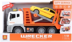 Műanyag autószállító, elemes, 1:12, fényekkel és hangokkal