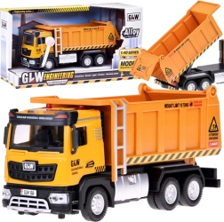 Gyerek billenőplatós teherautó fénnyel és hanggal, fém karosszéria, felhúzós (pull-back)