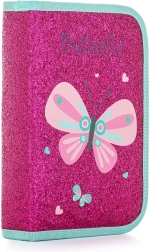 Egyszintes iskolai tolltartó flitteres hatással, pillangó motívummal, 2 kihajtható füllel