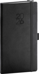 Stílusos fekete zsebnaptár gumis pánttal és tolltartó hurkokkal Aprint 2026