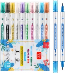 Csillámos, kétvégű metál filctollkészlet, 10 db