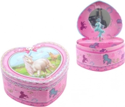 Rózsaszín szív alakú zenélő ékszerdoboz unikornissal és balerinával
