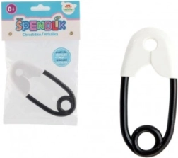 Gyermek csörgő biztosítótű formában, műanyag fehér-fekete