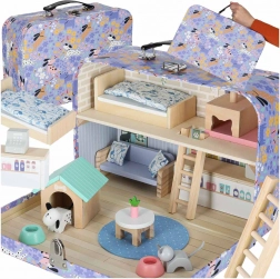 Hordozható fa házikó bőröndben – kisállat-szálló bútorokkal és figurákkal