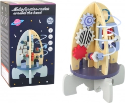 Fából készült oktatórakéta gyöngylabirintussal és fogaskerekekkel