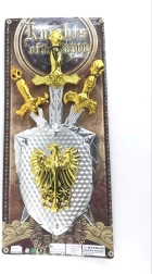 Fényes ezüst kivitelű kard- és pajzskészlet