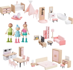 Fa babaház bútorkészlet családdal 5 az 1-ben