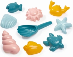 Tengeri motívumú homokformák készlete és kagyló alakú lapát