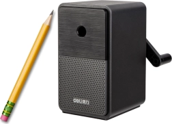 Kézi hajtókaros ceruzahegyező tartállyal és állítható éllel – fekete