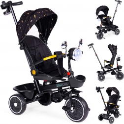 Gyermek háromkerekű 360°-ban forgatható üléssel, vezetőrúddal és napellenzővel, fekete, ECOTOYS