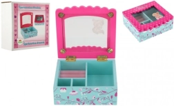 Fa ékszerdoboz virágokkal és tükörrel, türkiz–rózsaszín