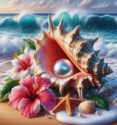 Gyémántszemes festés kagylóval és gyönggyel 30 × 40 cm