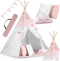 Gyerek teepee girlanddal és fényfüzérrel NUKIDO – rózsaszín