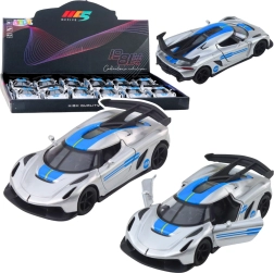 Fém sportautó 1:32 visszahúzós meghajtással és nyitható ajtókkal – ezüst