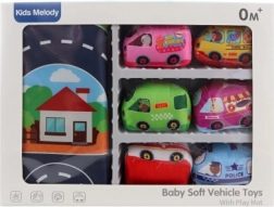 Gyermek közlekedési készlet szövet szőnyeggel és 6 járművel