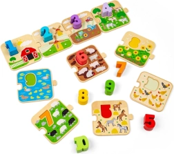 BIGJIGS TOYS fa kirakó képekkel és számokkal 1–10 (farmélet)