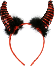 Ördögszarvak flitterekkel és tollal szatén fejpánton