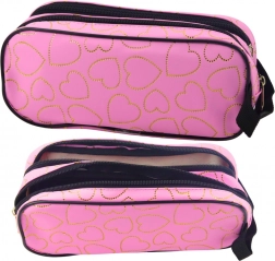 Iskolai tolltartó rózsaszín arany szívecskékkel, két rekeszes