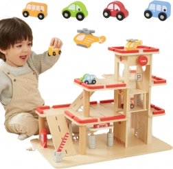 Fából készült VIGA parkológarázs lifttel és járművekkel