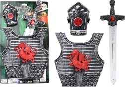 gyerekkosztüm lovagi páncéllal, karddal és lábszárvérttel