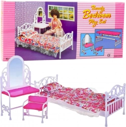Babaszobabútor szett ággyal, fésülködőasztallal és székkel virágos ágyneművel