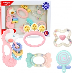 Csecsemők számára rózsaszín érzékszervi csörgők és rágók készlet 5 db
