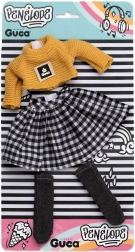 Ruhaszett Penelope babához 34 cm – kötött pulóver, kockás szoknya és zokni