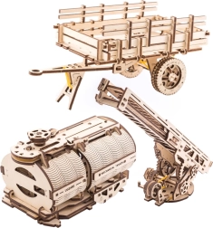 UGEARS kiegészítők UGM-11 teherautóhoz – tűzoltólétra, platós utánfutó és tartálykocsi (3D fa mechanikus modulok)