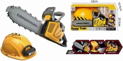 Játék motoros láncfűrész sisakkal és zseblámpával kis favágóknak