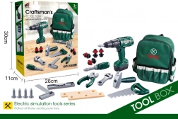 Kis ezermester hátizsák szerszámokkal és fúróval