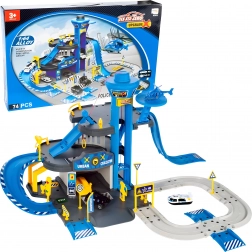 Rendőrségi garázs állomással, 3 szint lifttel, autók és helikopter, 74 darab