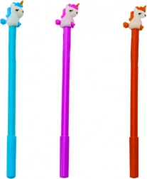 Golyóstoll unikornissal, fekete tinta, 0,5 mm – vegyes lila/narancs/kék