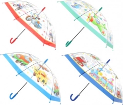 Felnyíló átlátszó esernyő közlekedési eszközök motívumaival