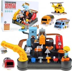 Mechanikus építőpálya kisautókkal és helikopterrel