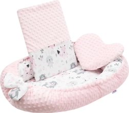 Luxuszos baba fészek párnával és takaróval, rózsaszín minky anyagból NEW BABY