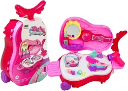 Hegedű alakú, kerekes kis sminkasztal gyerekeknek, tükrös bőröndben