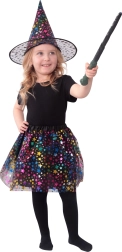 Gyermek boszorkányjelmez csillagokkal, tüllszoknyával és kalappal