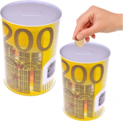 Fém persely, amely egy 200 eurós bankjegy motívumaival ellátott doboz alakú