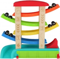 Kaszkádos autópálya 4 kisautóval, fa és műanyag, 33 × 32 × 10 cm