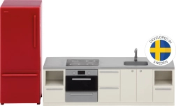 Lundby basic konyhai szett babaházhoz piros hűtőszekrénnyel
