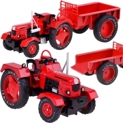 fém piros traktor utánfutóval 1:18 gumírozott kerekekkel