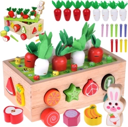 Fából készült Montessori kerti kocsika betakarítható répákkal, formákkal és mágneses kukacokkal