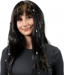 Paróka fekete hajjal, arany csíkokkal és csillagokkal díszítve